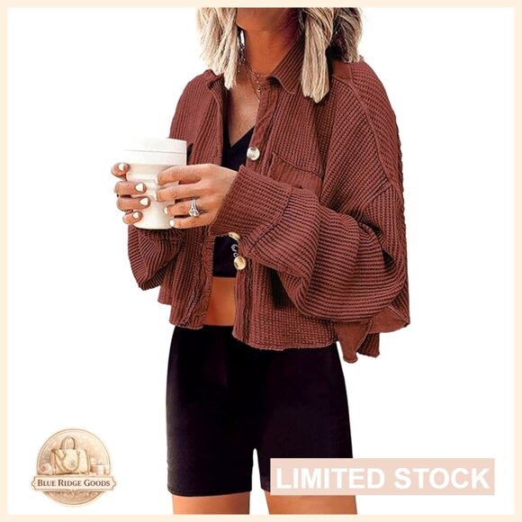 Cropped Waffle Knit Shacket Oversized Button Down Jacket Batwing Sleeve Chic